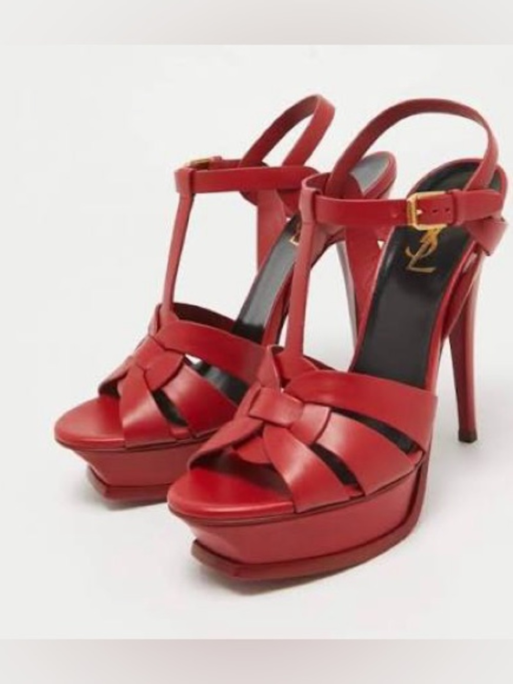 Saint Laurent Red Leather Platform Strappy Heels